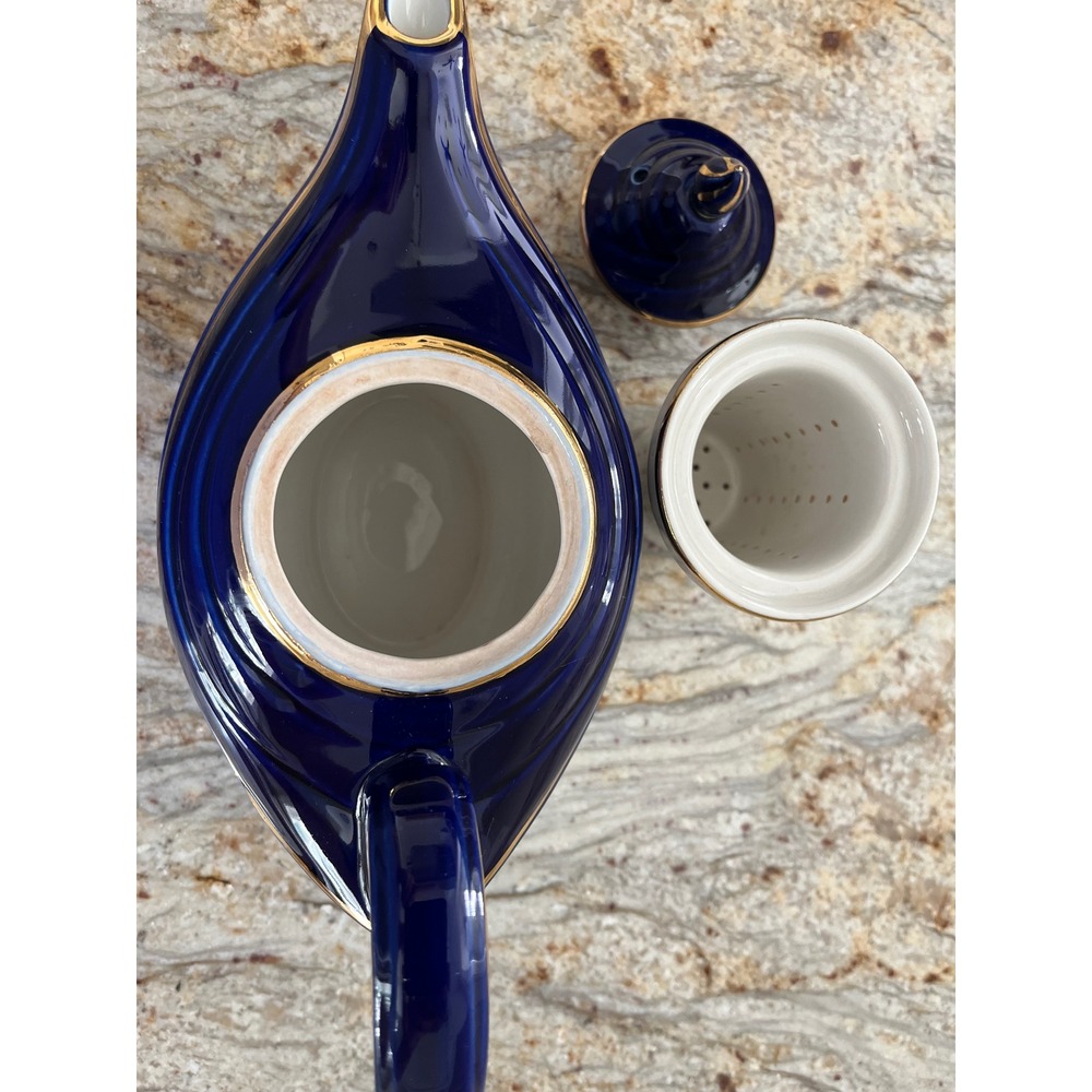 Hall Vtg Aladdin China Teapot Blue Gold Accent 6 Cup Teapot with Strainer 1930s - Picture 4 of 7
